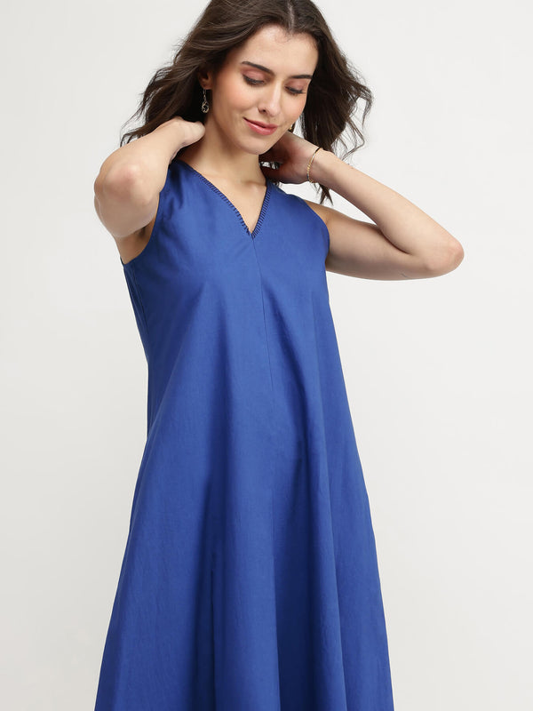 Cotton Colourblock A-Line Dress - Blue