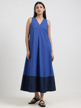 Cotton Colourblock A-Line Dress - Blue