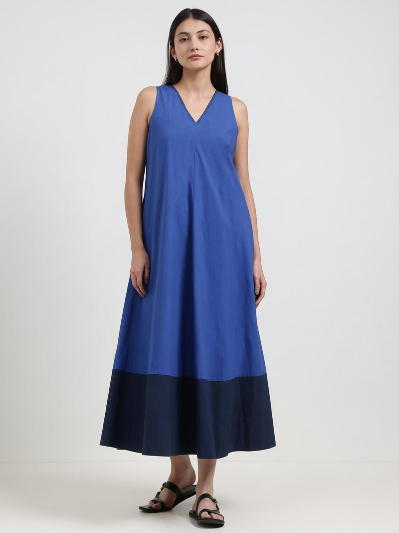 Cotton Colourblock A-Line Dress - Blue
