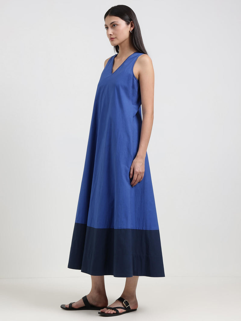 Cotton Colourblock A-Line Dress - Blue