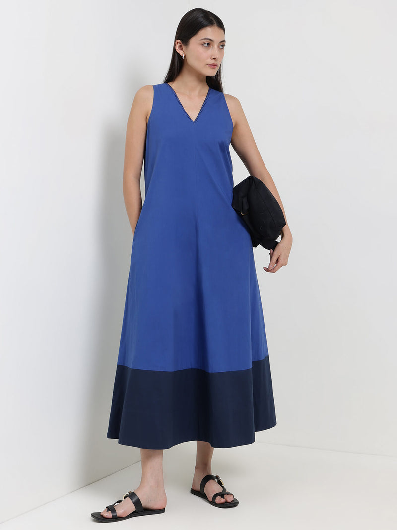 Cotton Colourblock A-Line Dress - Blue
