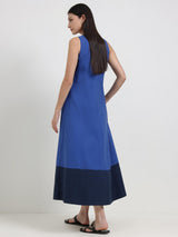 Cotton Colourblock A-Line Dress - Blue