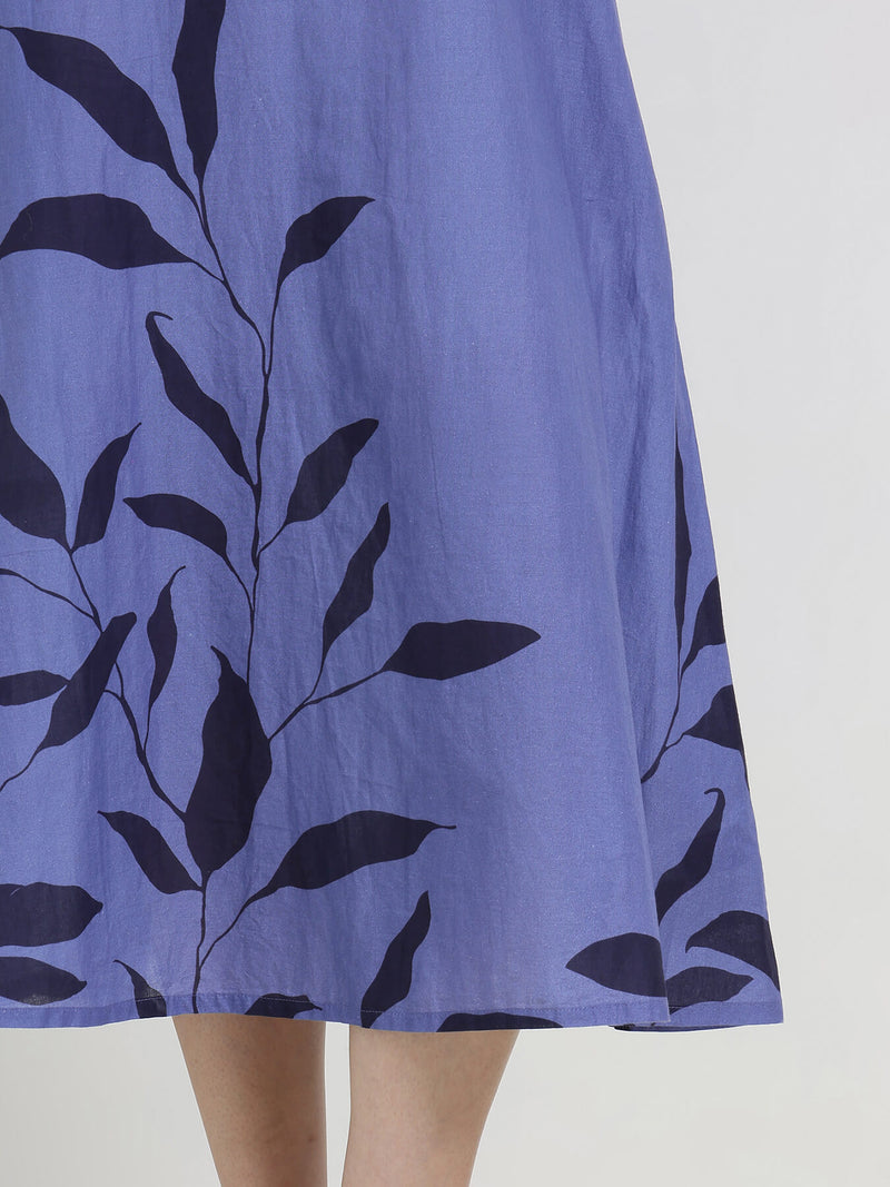 Cotton Floral A-Line Dress - Blue