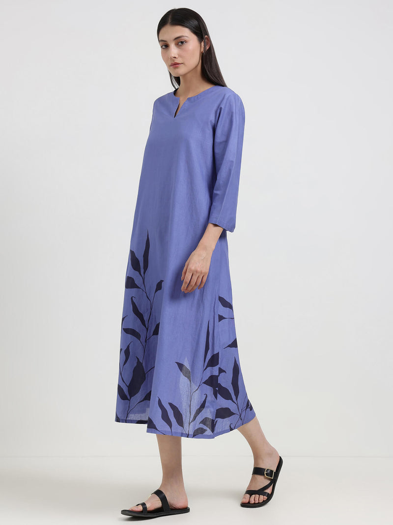 Cotton Floral A-Line Dress - Blue