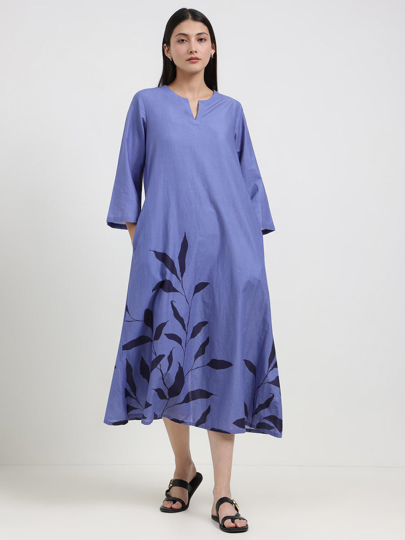 Cotton Floral A-Line Dress - Blue