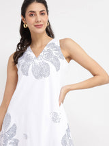 Cotton Bandhani Floral A-Line Dress - White