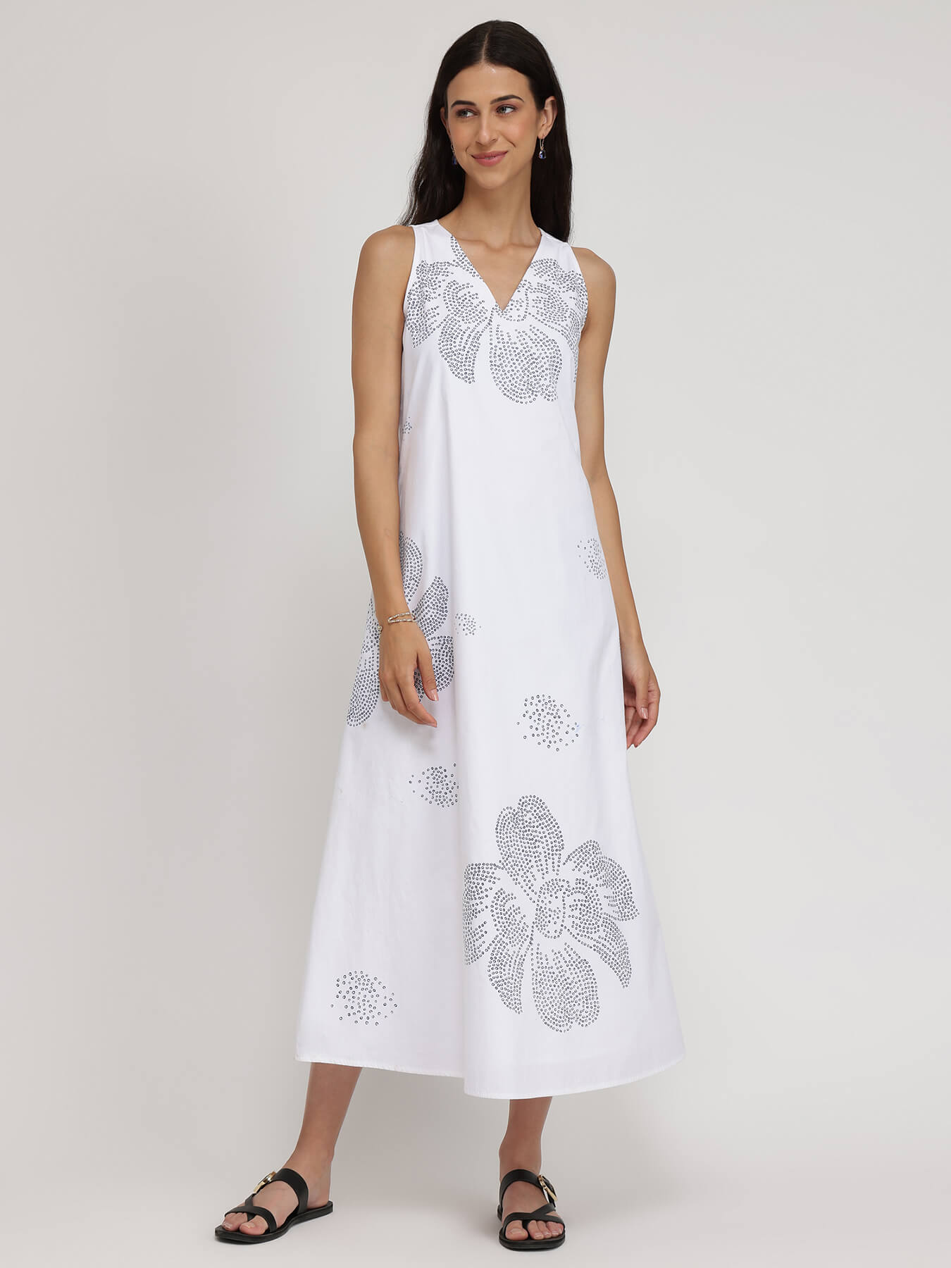 Cotton Bandhani Floral A-Line Dress - White
