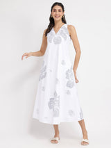 Cotton Bandhani Floral A-Line Dress - White