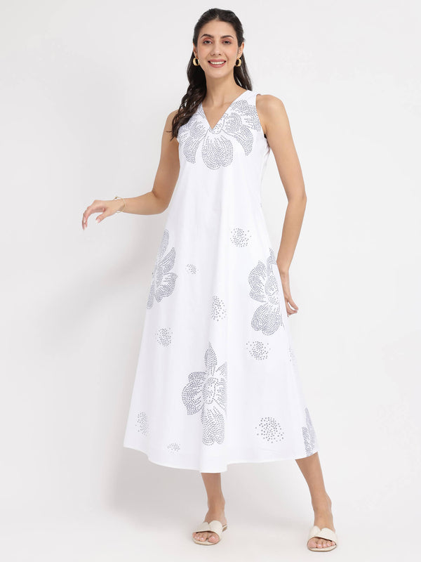 Cotton Bandhani Floral A-Line Dress - White