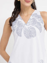 Cotton Bandhani Floral A-Line Dress - White