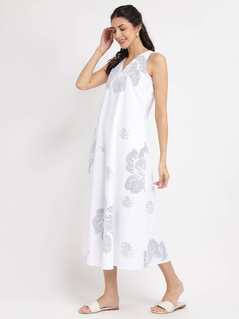 Cotton Bandhani Floral A-Line Dress - White