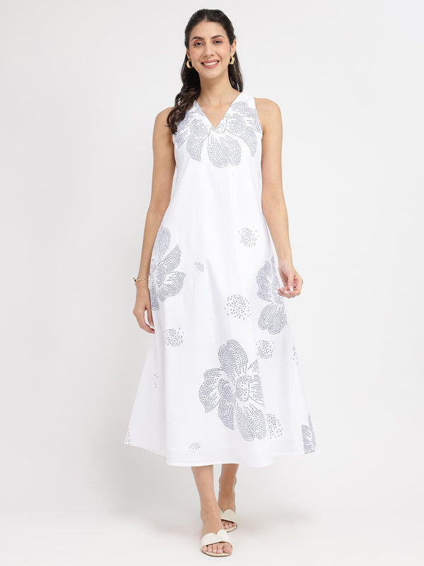 Cotton Bandhani Floral A-Line Dress - White