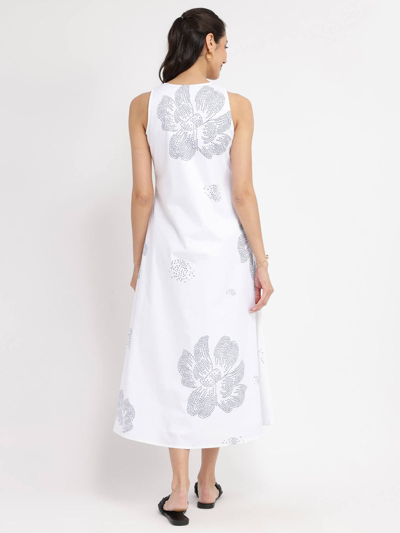 Cotton Bandhani Floral A-Line Dress - White