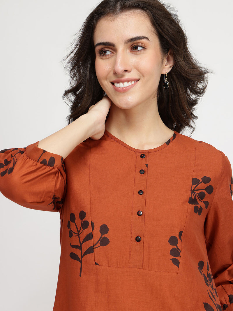 Cotton Floral A-Line Dress - Rust