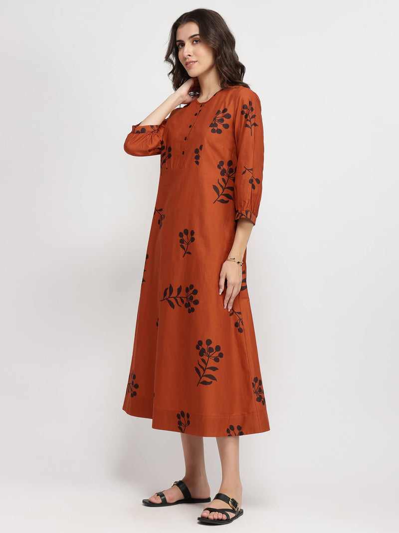 Cotton Floral A-Line Dress - Rust