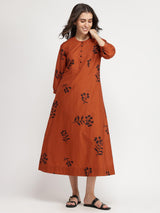 Cotton Floral A-Line Dress - Rust