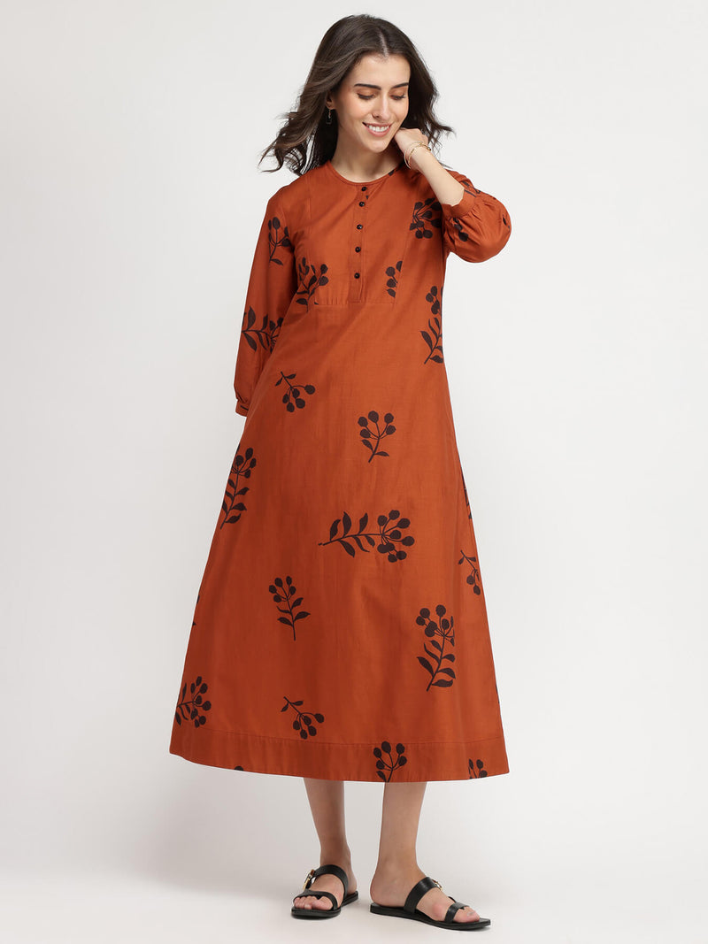 Cotton Floral A-Line Dress - Rust