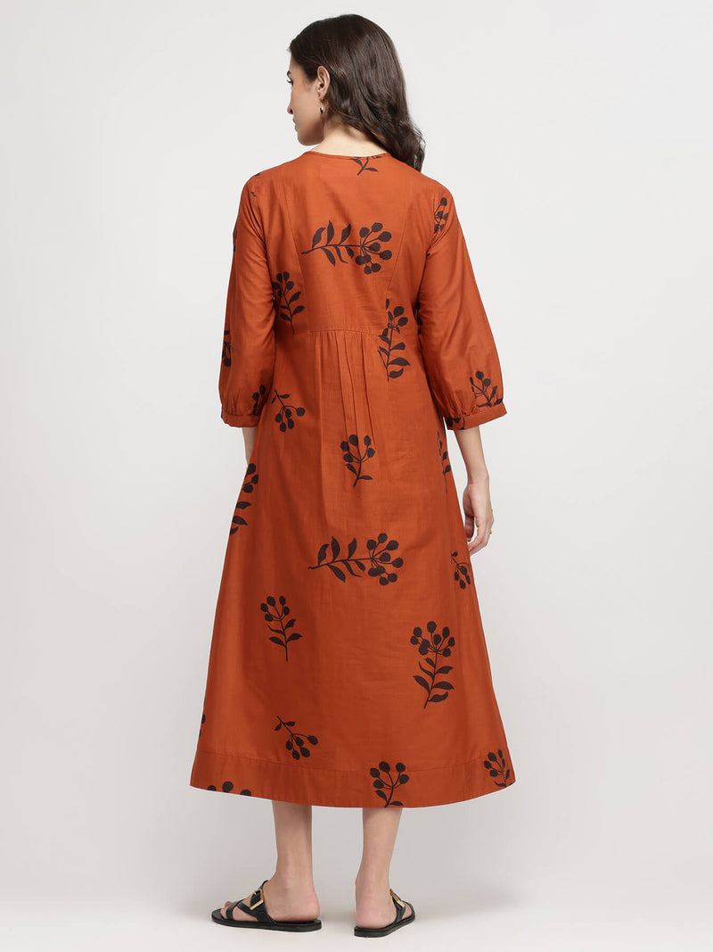 Cotton Floral A-Line Dress - Rust