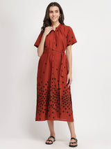 Cotton Polka Dress with Belt - Red & Brown