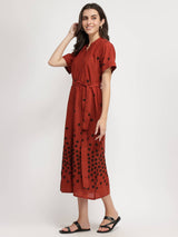Cotton Polka Dress with Belt - Red & Brown