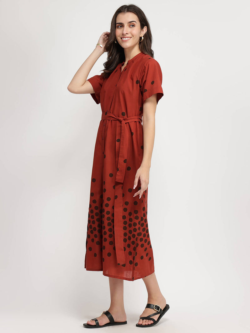 Cotton Polka Dress with Belt - Red & Brown