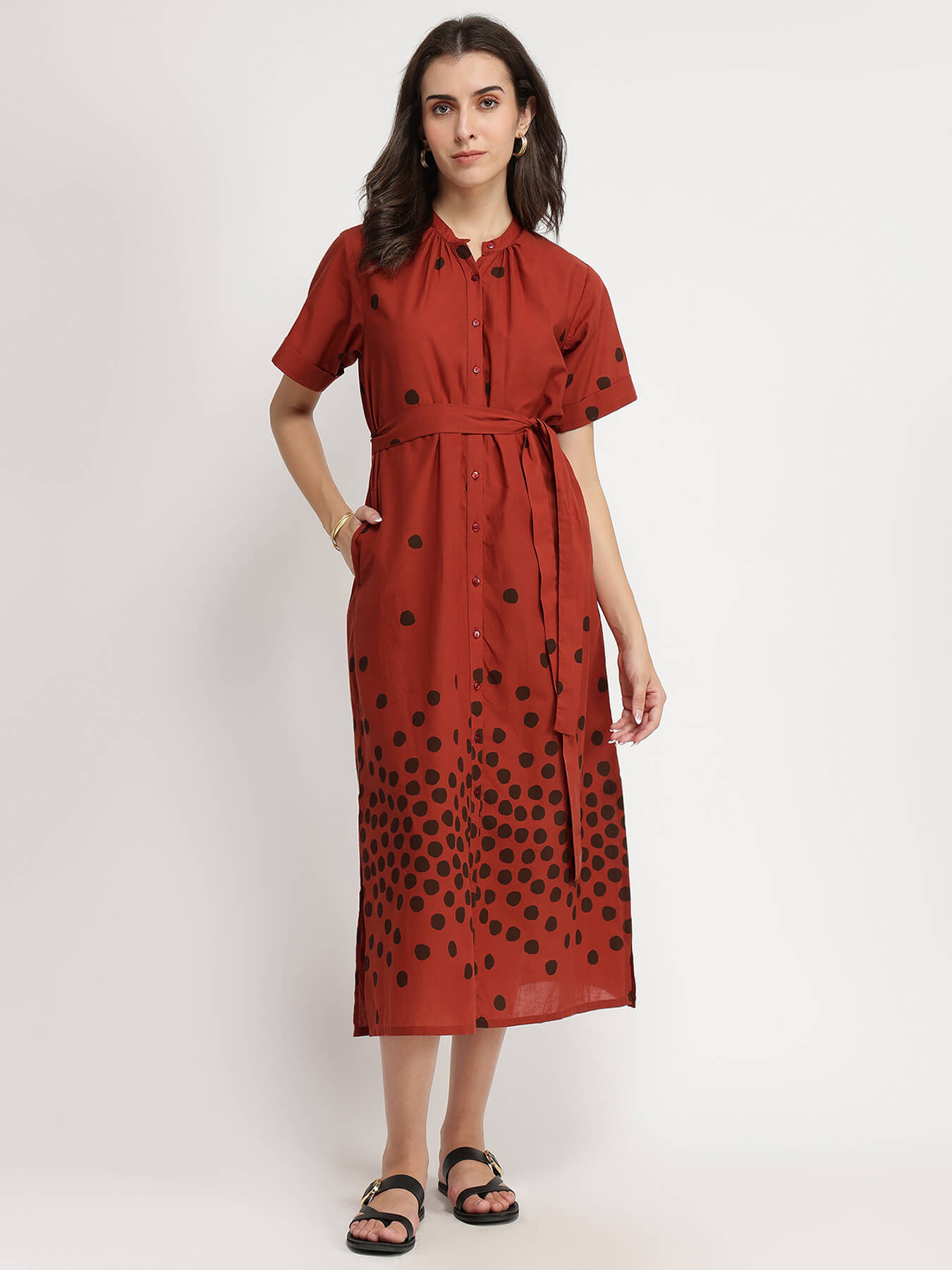 Cotton Polka Dress with Belt - Red & Brown
