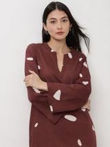 Cotton Abstract Print Dress - Brown