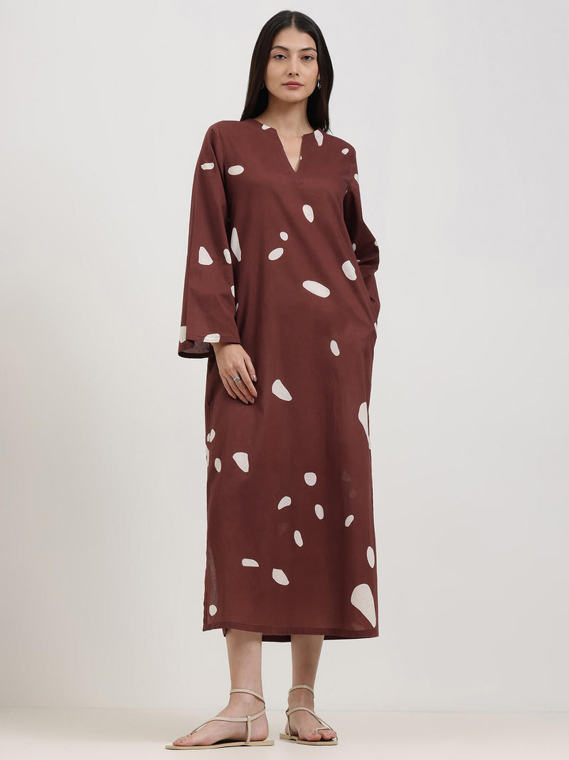 Cotton Abstract Print Dress - Brown