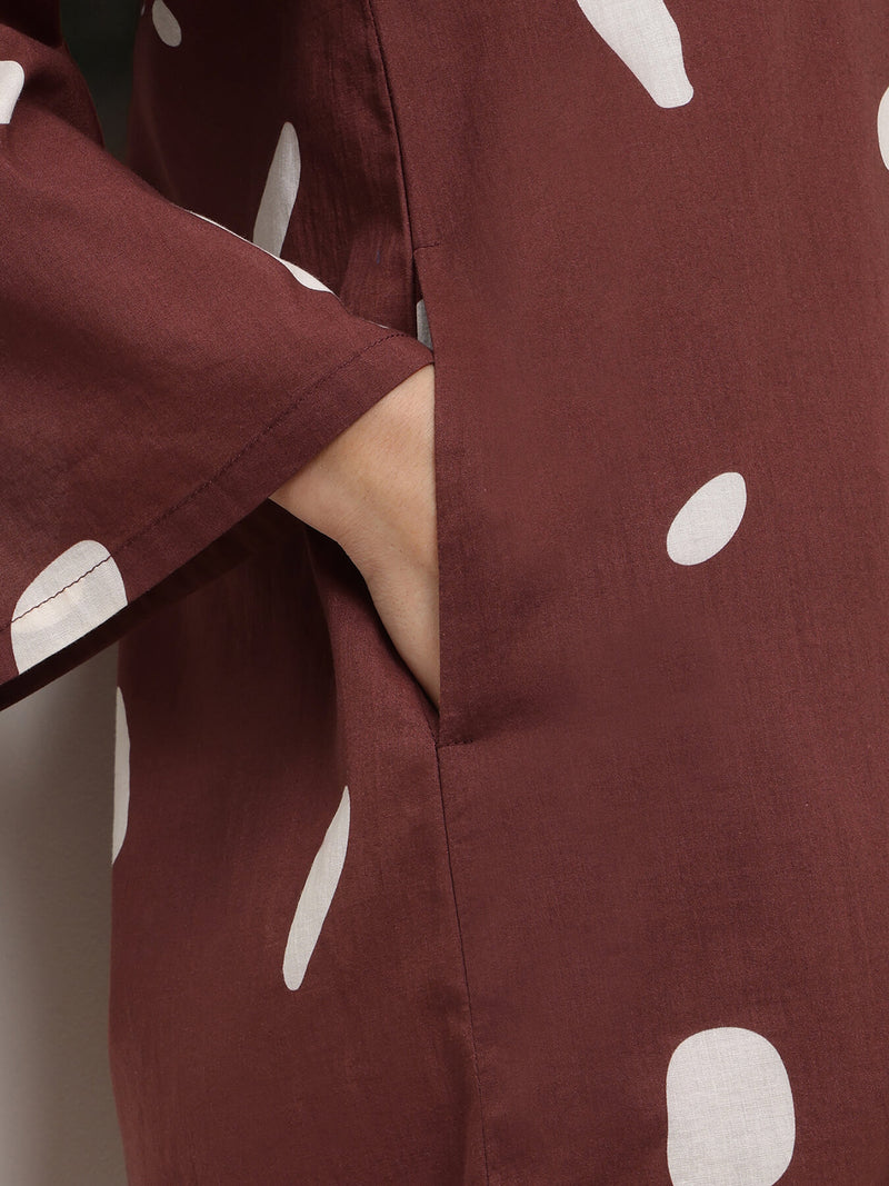Cotton Abstract Print Dress - Brown