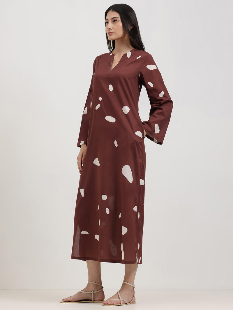 Cotton Abstract Print Dress - Brown