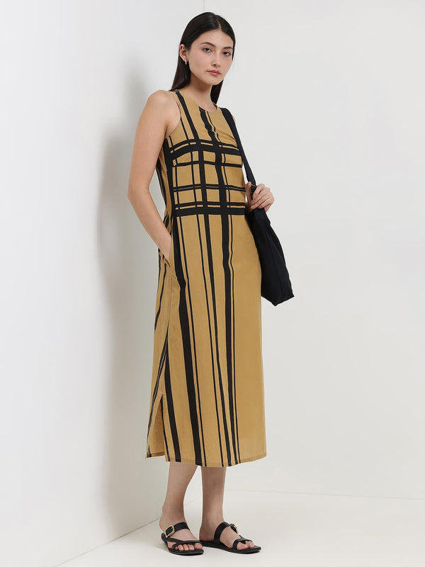 Cotton Stripe Play A-Line Dress - Beige & Black