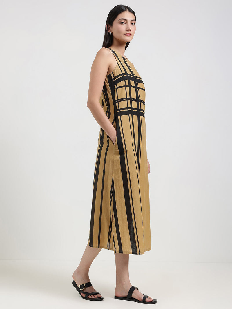 Cotton Stripe Play A-Line Dress - Beige & Black