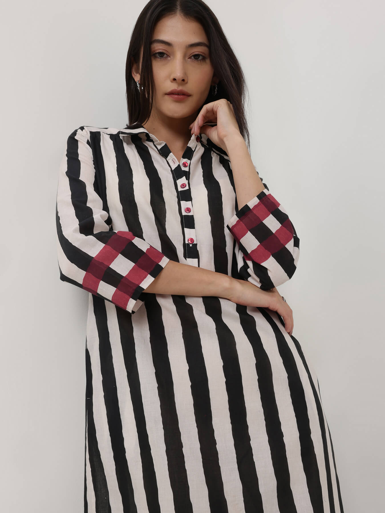 Cotton Stripe Play Shirt Dress - Black & Red