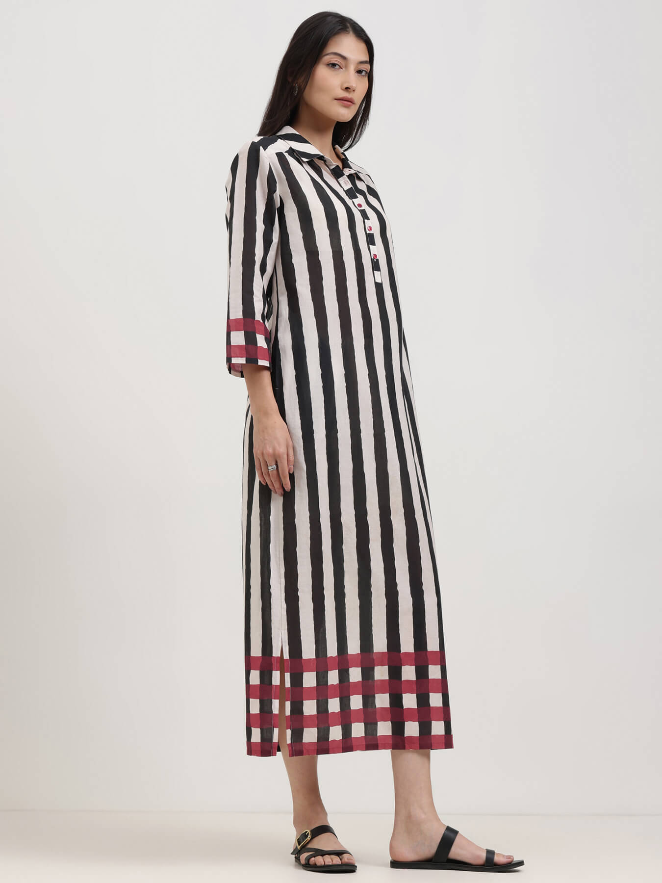 Cotton Stripe Play Shirt Dress - Black & Red