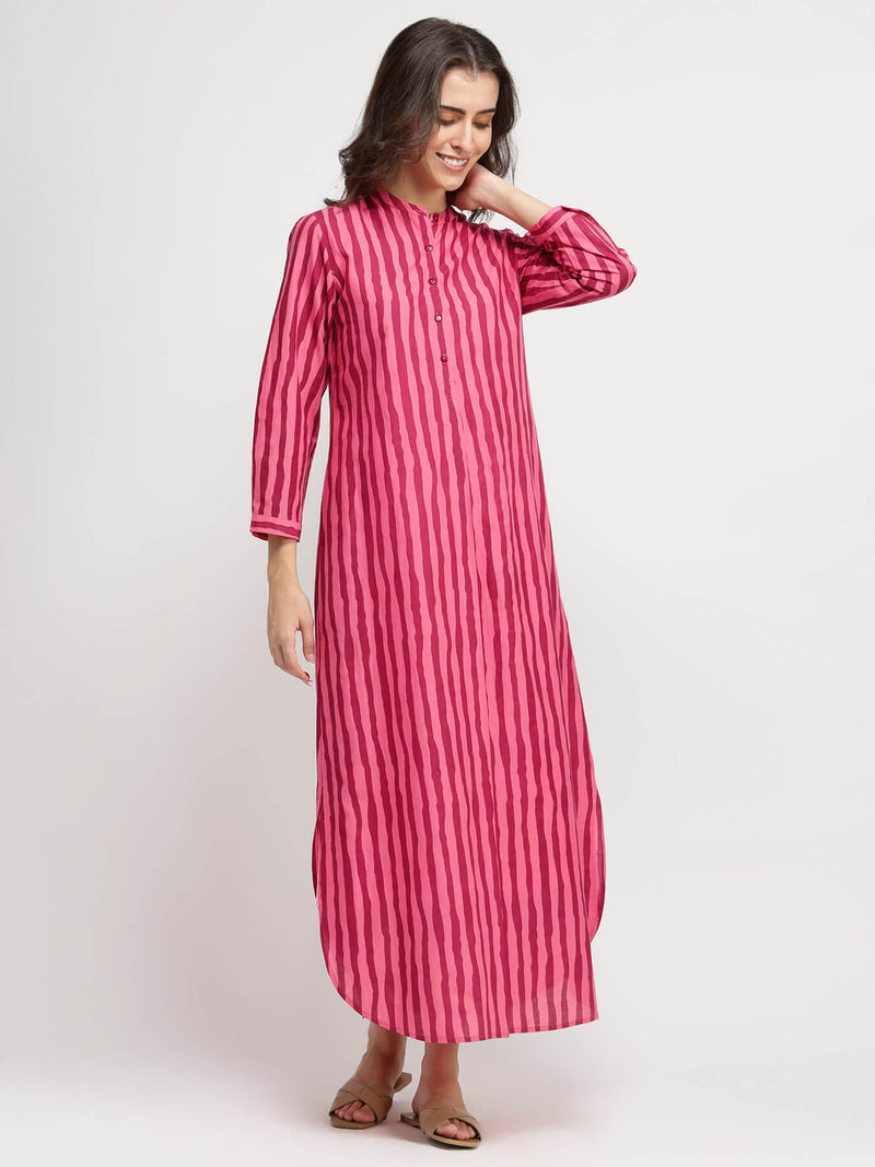 Cotton Striped A-Line Dress - Pink
