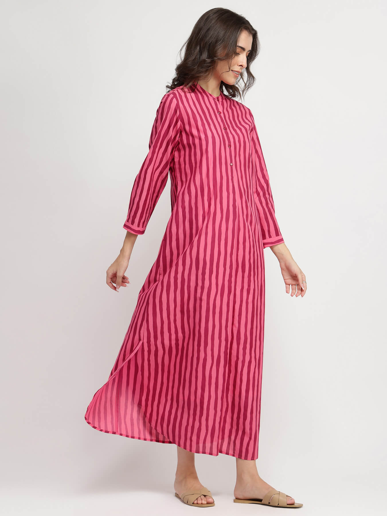 Cotton Striped A-Line Dress - Pink