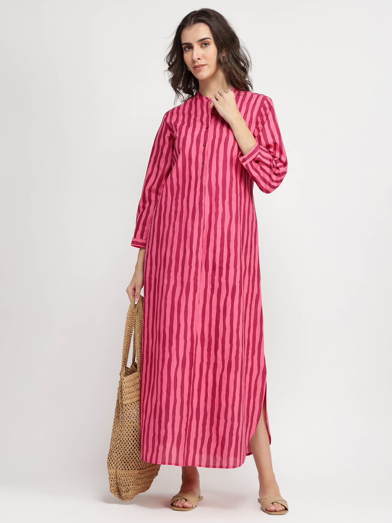 Cotton Striped A-Line Dress - Pink