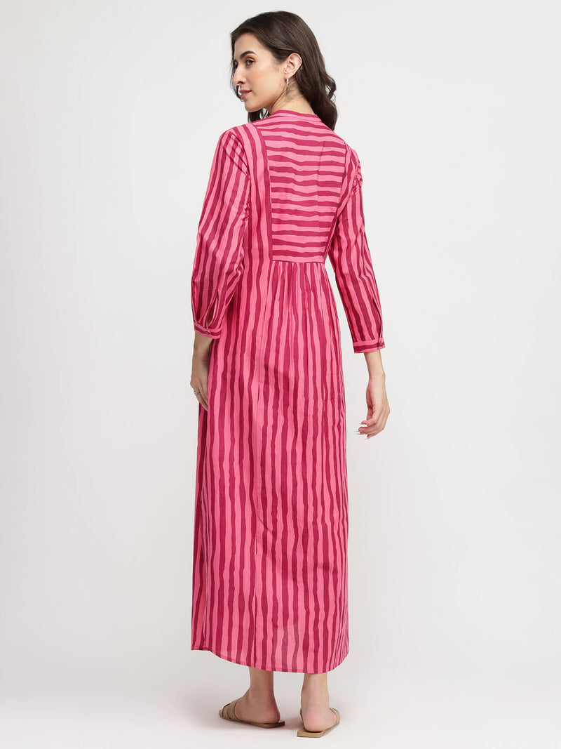 Cotton Striped A-Line Dress - Pink