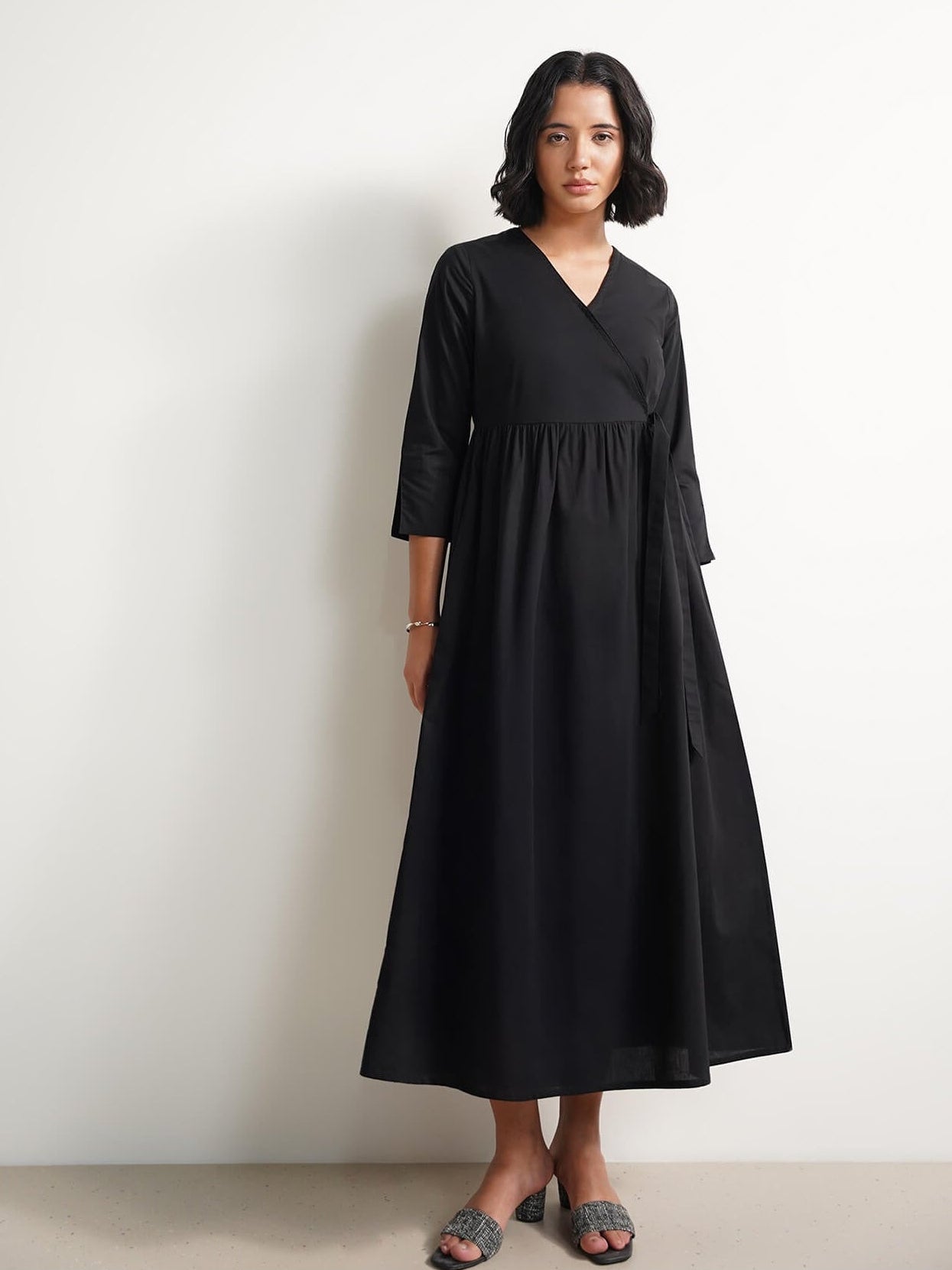 Cotton Solid Wrap Dress - Black
