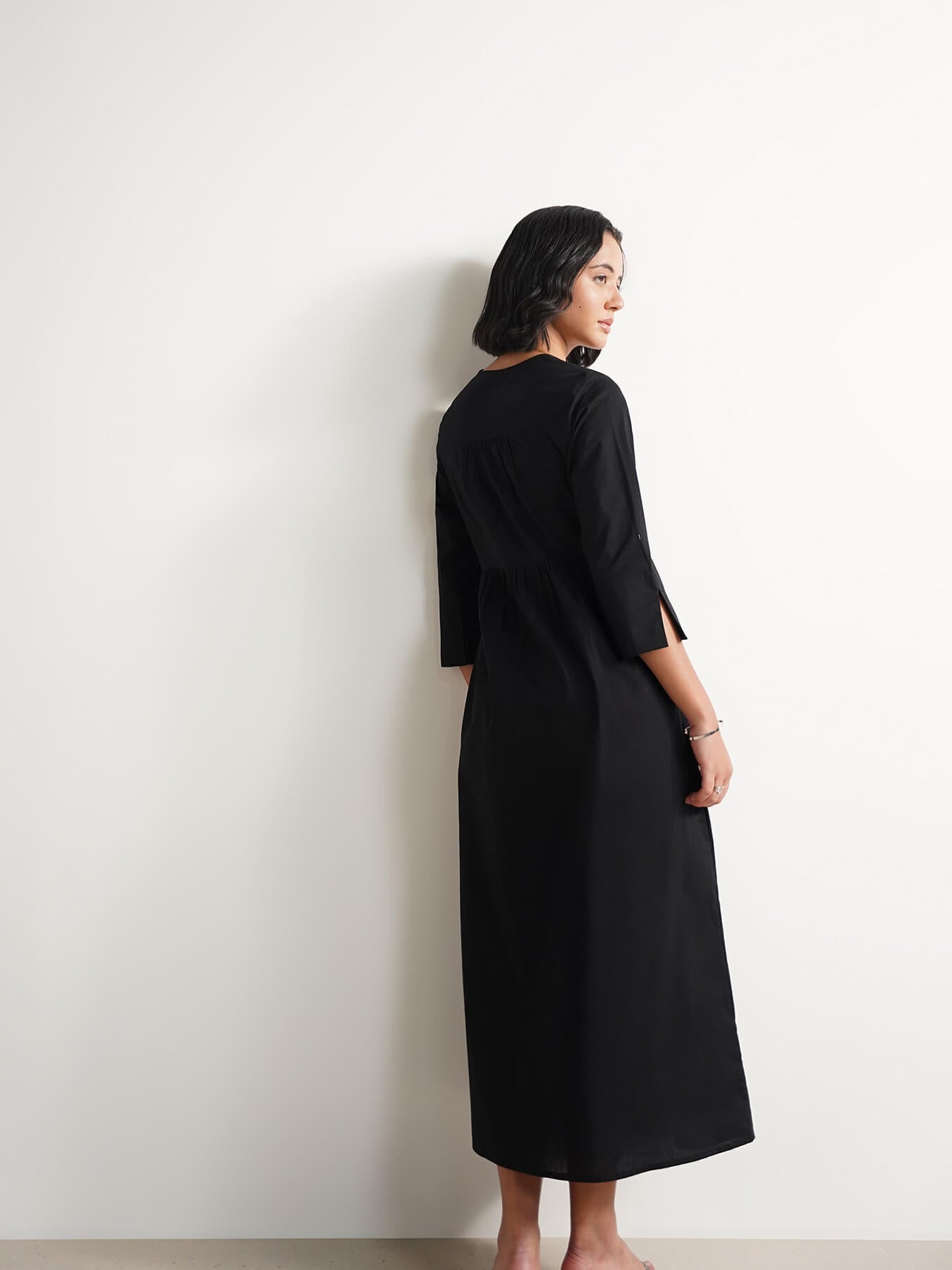 Cotton Solid Wrap Dress - Black