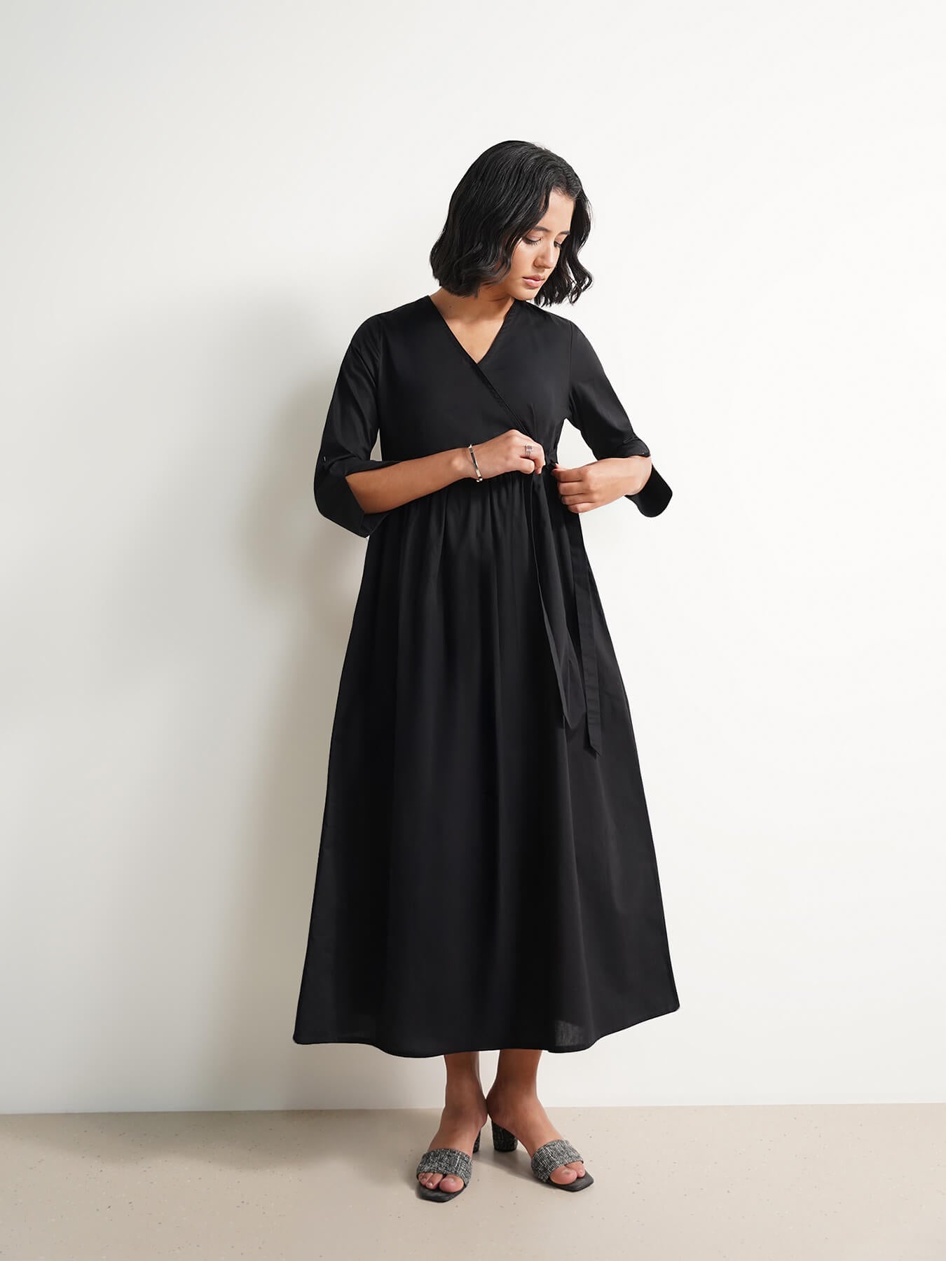 Cotton Solid Wrap Dress - Black
