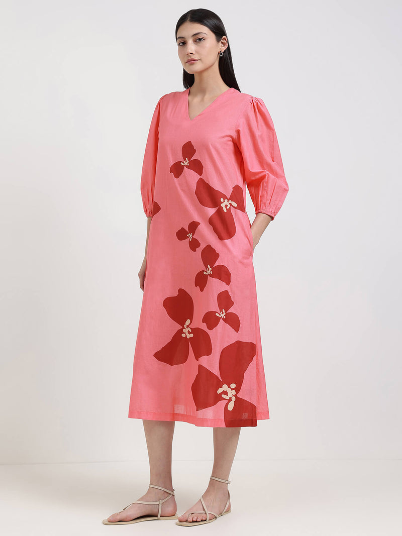 Cotton Floral A-Line Dress - Pink