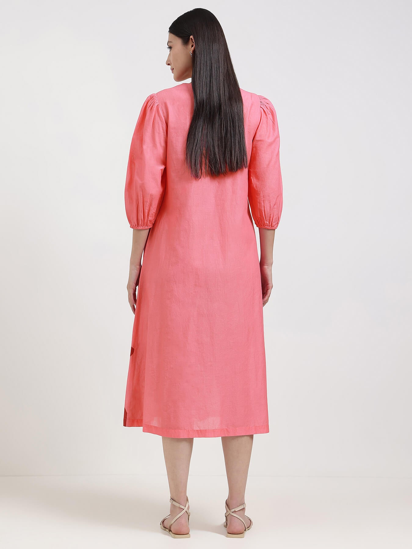 Cotton Floral A-Line Dress - Pink