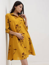 Cotton Floral A-Line Shirt Dress - Yellow & Brown
