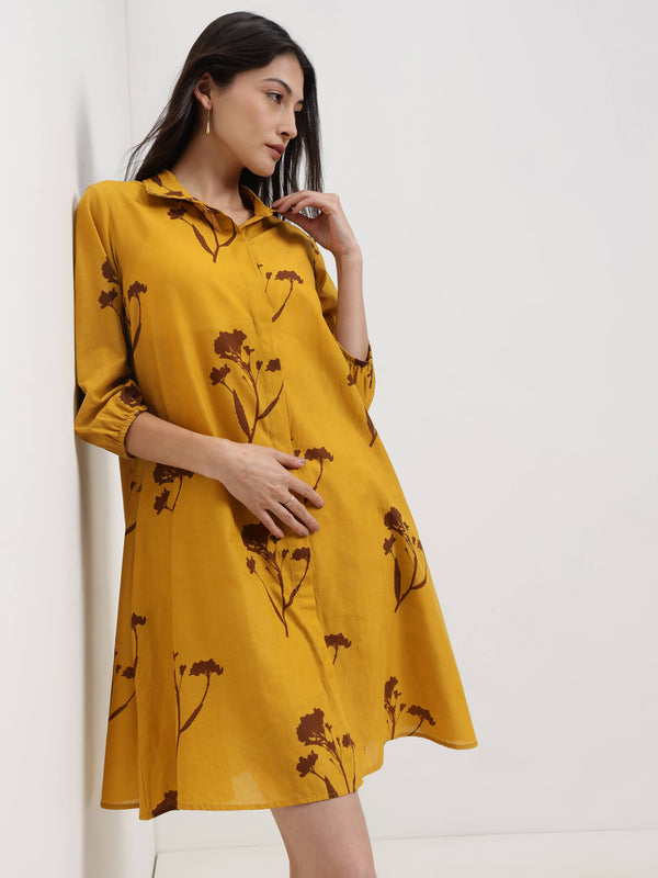 Cotton Floral A-Line Shirt Dress - Yellow & Brown