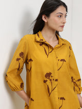 Cotton Floral A-Line Shirt Dress - Yellow & Brown
