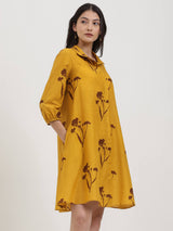 Cotton Floral A-Line Shirt Dress - Yellow & Brown