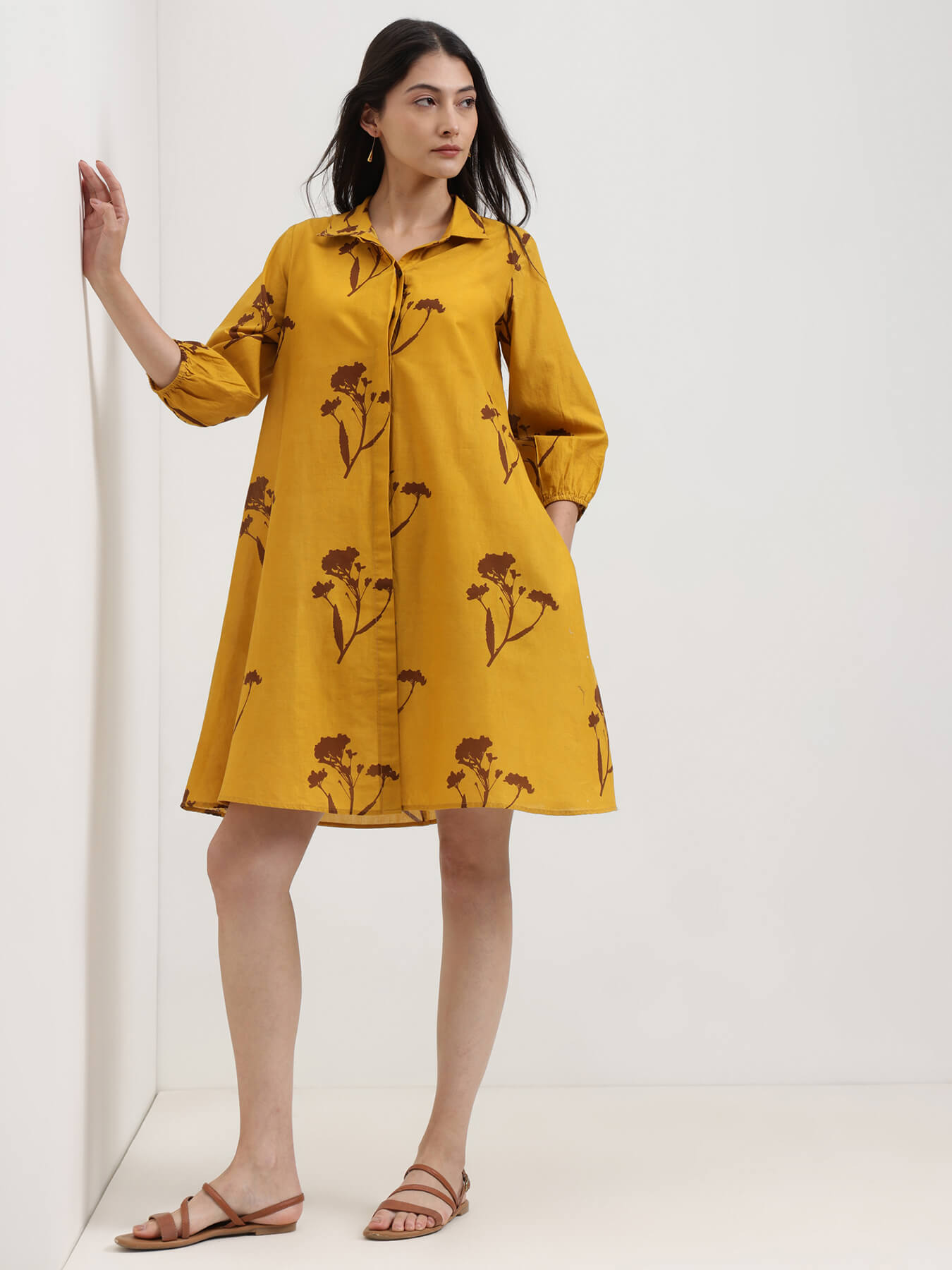 Cotton Floral A-Line Shirt Dress - Yellow & Brown