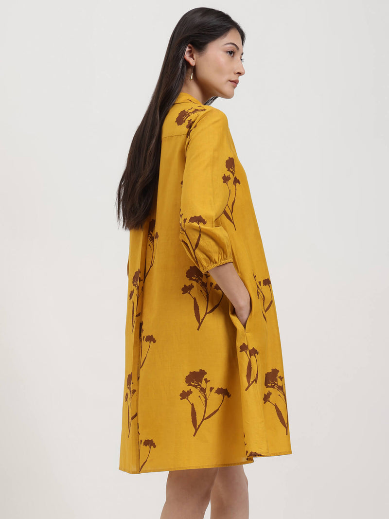 Cotton Floral A-Line Shirt Dress - Yellow & Brown