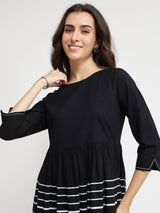 Cotton Striped Fit & Flare Dress - Black & White